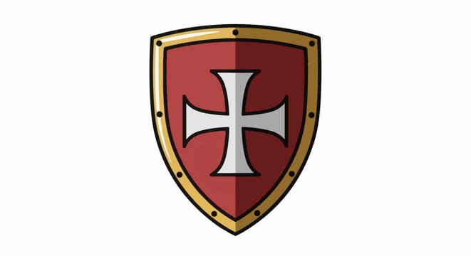 A stylized red shield with a white cross emblem and a gold border