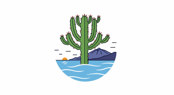 A stylized desert scene with a large cactus, sunset, ocean, and mountains in a half-circle