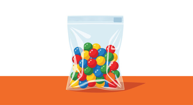 A clear plastic zip-lock bag filled with a vibrant assortment of multi-colored round gumballs sits on a bright orange surface against a white wall background.