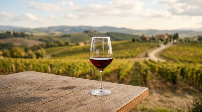 A glass of red wine sits on a rustic wooden table overlooking rolling hills of vineyards in Tuscany, Italy