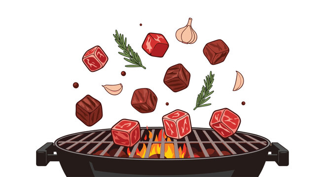 Savory diced beef cubes fall into a round black barbecue grill alongside fresh rosemary sprigs and garlic cloves amidst intense glowing orange fire flames.