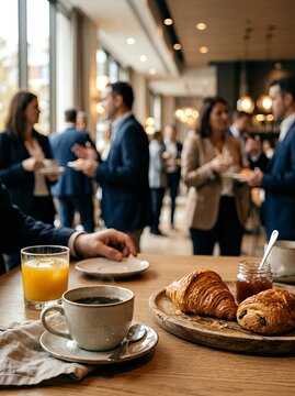 Professionals networking in a cafe with coffee, orange juice, and croissants.