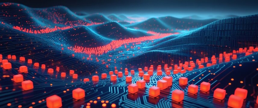 A pixelated image of a futuristic cityscape at night with red and blue lights