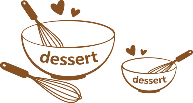 Professional hand drawn dessert concept with whisk and mixing bowl for bakery and pastry shop logo vector