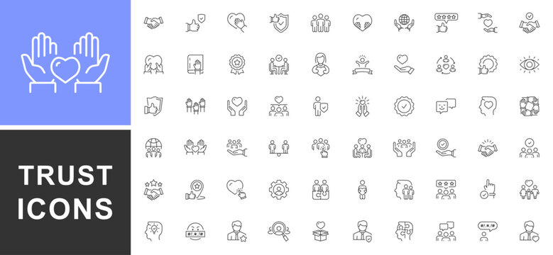 Trust web icons in line style. Containing confidence, credibility, promise, trustworthy, friends, truth, faith, sincerity and honesty. Integrity, reliability, empathy, trust related icon. Vector