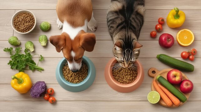 Two Pets Eating from Bowls Surrounded by Fresh Fruits and Vegetables on Wooden Table, Top-Down View with Natural Light