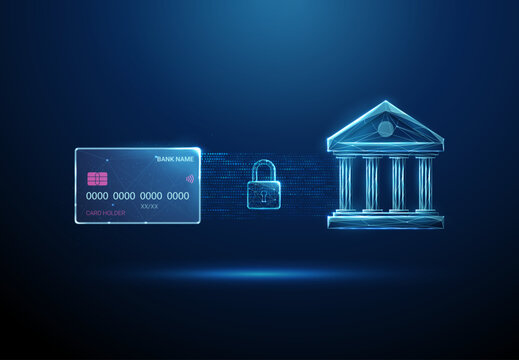 3d credit card, bank icon and padlock in data flow stream Banking, finance, digital payment, secure transaction, data protection, cybersecurity, online banking concept