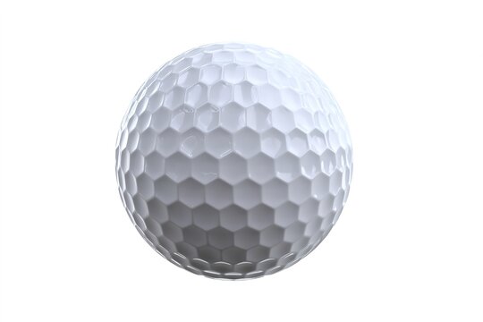 A close-up view of a white golf ball with dimples