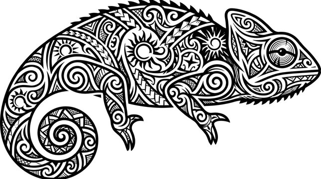 Polynesian Tribal Chameleon Illustration Flat Black Ink Design