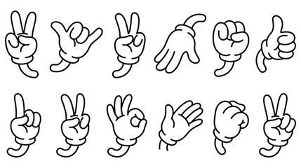 Fototapeta premium Cartoon glove hand gestures set in classic animation rubber hose style.