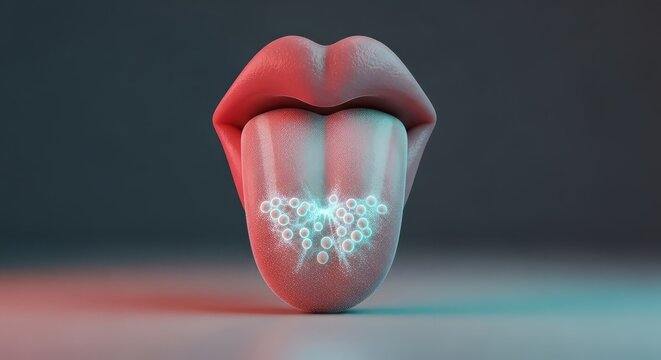 Tongue surface 3D render, gustatory system visualization, taste receptor papillae anatomy, sensory signal irregularity model, neurobiology taste processing study