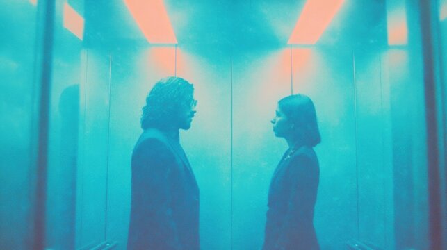 People in an elevator looking at each other during a quiet moment