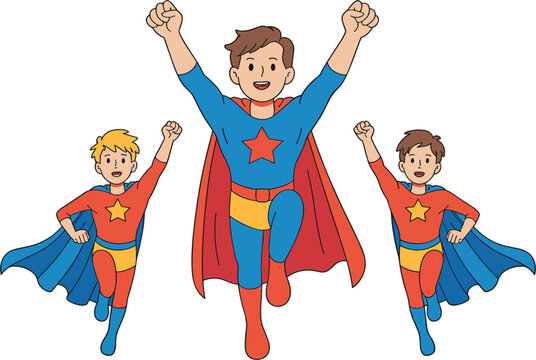 Professional colorful illustration of a father and two sons wearing superhero costumes with capes flying for Happy Father's Day holiday greeting card vector