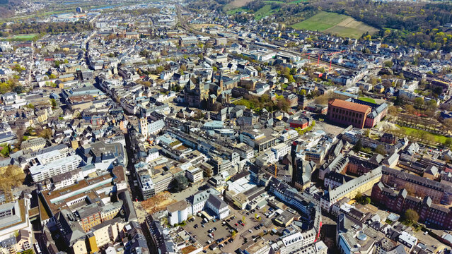 Aerial view beside the old town of the city Trier in Germany on a sunny noon in spring.