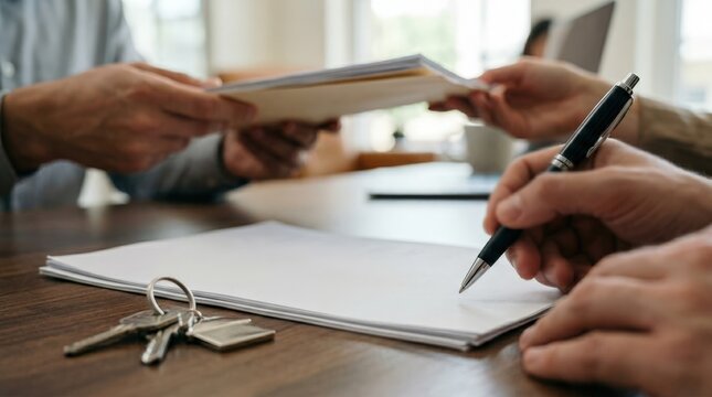 Detailed view of a pen poised to sign paper contracts keys resting beside while hands hand over a folder slightly blurred.
