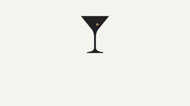 A minimalist illustration of a black martini glass with a single olive.
