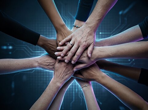Hands of diverse team members joined together showing unity and collaboration against a tech background.