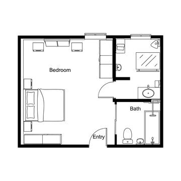 Small studio apartment floor plan layout.