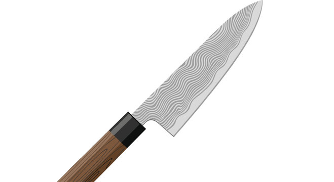 Professional kitchen chef knife featuring a beautiful Damascus steel blade with intricate wavy patterns and a polished wooden handle rests on a white background.