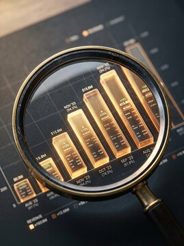 A magnifying glass focuses on a glowing bar chart, emphasizing data trends. Professional financial analysis concept.