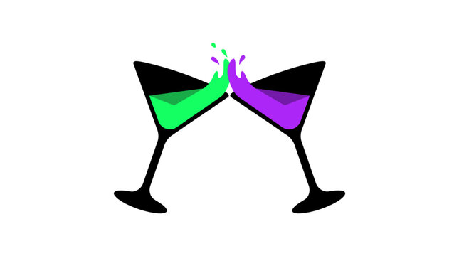 Two martini glasses clinking together with colorful liquid splashing out.