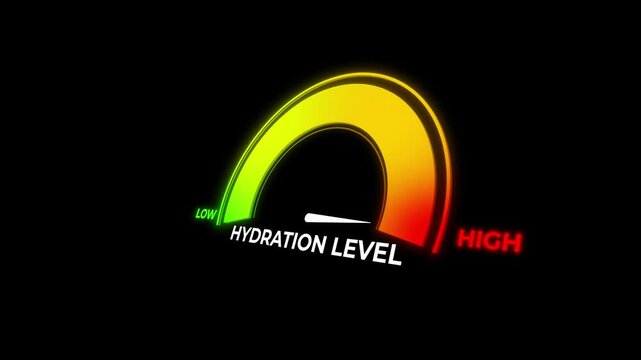 Animated gauge showing hydration level rising then falling. Ideal for dehydration, water intake, sports performance, kidney health, and wellness content.