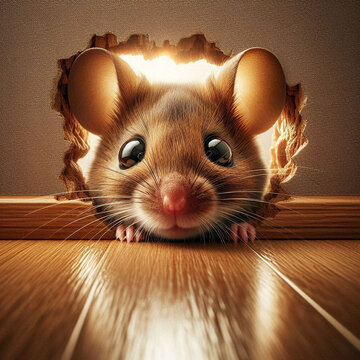 Close-up of a small curious mouse peeking through a round hole in a wooden baseboard, looking at a shiny polished floor in a home interior, concept of pest control, and hidden nature