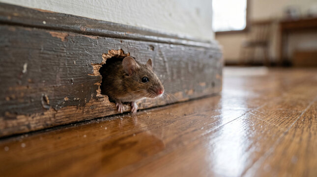 Close-up of a small curious mouse peeking through a round hole in a wooden baseboard, looking at a shiny polished floor in a home interior, concept of pest control, and hidden nature