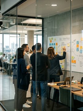 A diverse business team in a modern office environment brainstorming ideas during a strategic planning meeting.