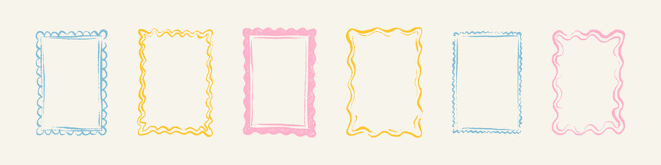 Scallop crayon doodle hand drawn rectangle frame set. Serrated zigzag border. Cute girly postage stamp. Whimsical kid pencil text box, photo frame, colored block. Wedding, birthday invitation design © Kseniia