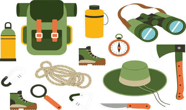 Professional set of colorful cartoon adventure and camping icons with compass bonfire and backpack for outdoor travel vector