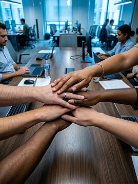 A group of diverse hands stacked together, symbolizing teamwork and unity in an office setting.
