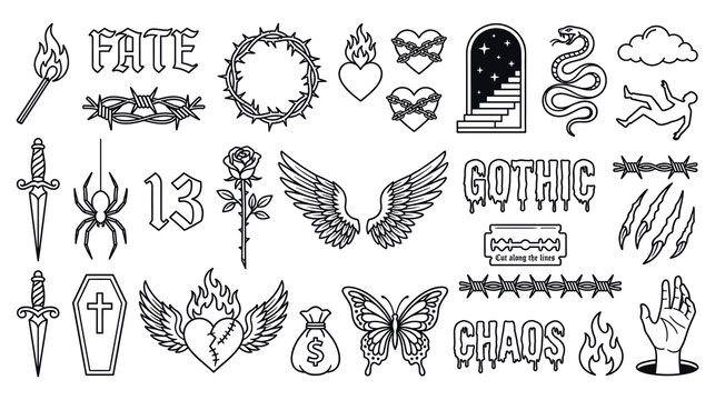 Gothic tattoo flash set with line art occult and street style icons.