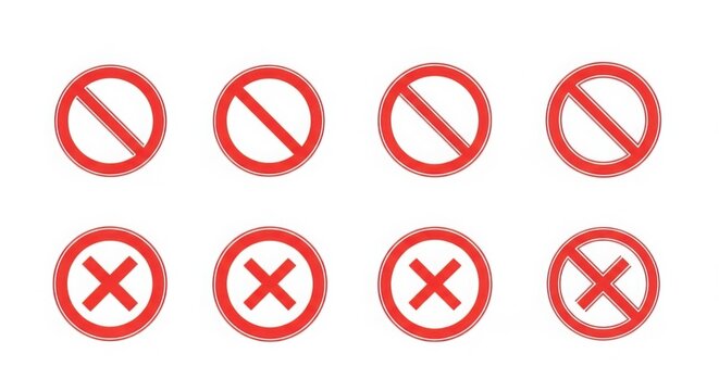 Prohibition signs with red circle and line or x on white background