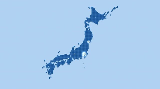 放射状に広がって色が変化していく青い日本地図（正方形グリッド・上面）