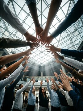 Hands of a diverse group of people reaching toward the center under a skylight, symbolizing unity and cooperation.