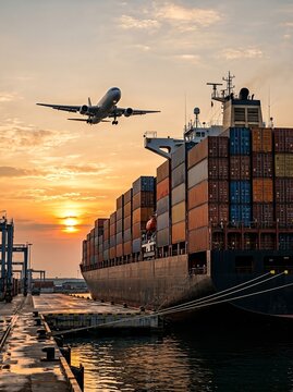 A cargo ship in a harbor with a plane overhead at sunset, capturing transportation themes.