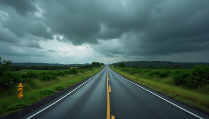 Fototapeta premium Wide Angle View Of Desolate Rural Highway Under Looming Storm Clouds Reflecting Somber Seasonal Mood