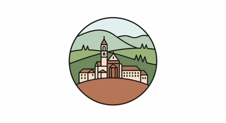 Obraz premium A stylized village with a central bell tower sits on a hill, surrounded by rolling green hills and a pale blue sky