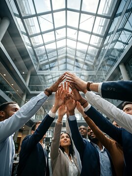 Diverse team members raise hands together under a glass atrium, symbolizing teamwork and unity.