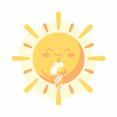 Fototapeta premium Cute Kawaii Sun Character Holding Ice Cream Cone Summer Illustration