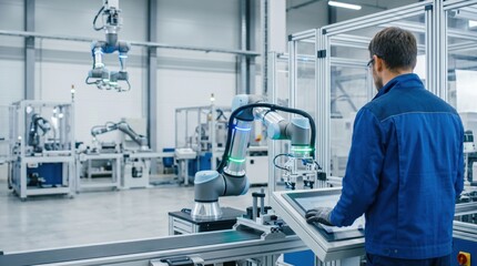Fototapeta premium Male technician operating robotic arm in modern automated factory production line using touchscreen interface Industry 40 concept