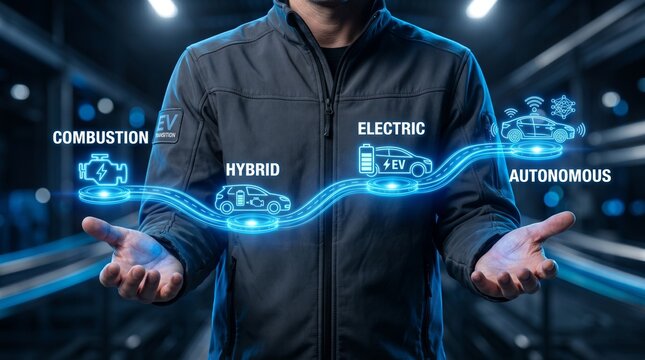 A man in a futuristic setting presents various automotive technologies including combustion, hybrid, electric, and autonomous vehicles.