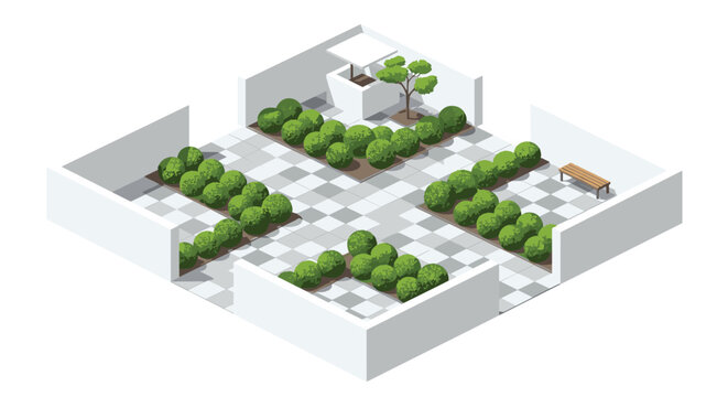 Elegant isometric minimalist garden courtyard featuring clean white walls and perfectly manicured spherical green hedges arranged on a grey checkered floor.