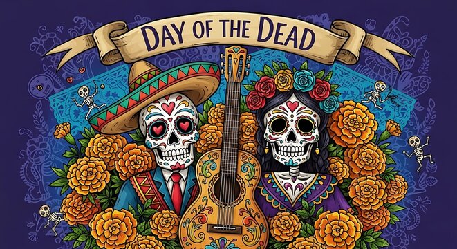 Vibrant day of the dead illustration with sugar skulls and flowers on blue background