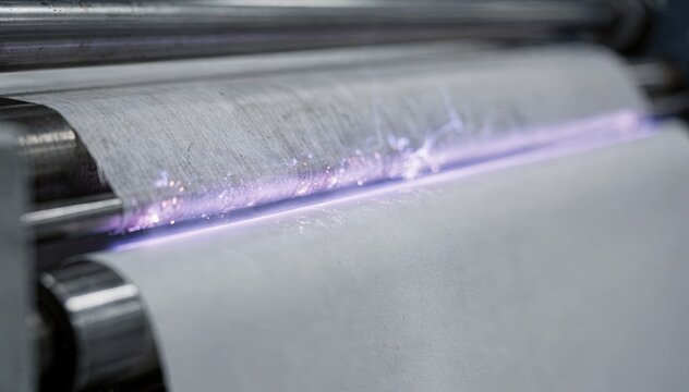 Close medium shot capturing lowpower corona discharge on paper web highlighting subtle electrical treatment improving surface energy for better lamination performance.