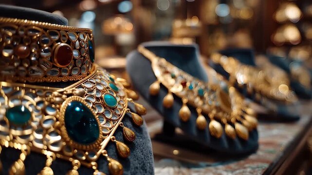 Traditional oriental jewelry display with gold and gems in market setting
