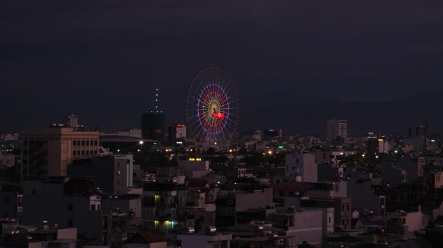 Night city view Da Nang Vietnam Ferris wheel skyline aerial lights urban landscape