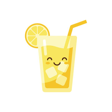 Cute Kawaii Lemonade Glass with Ice and Straw Vector Illustration
