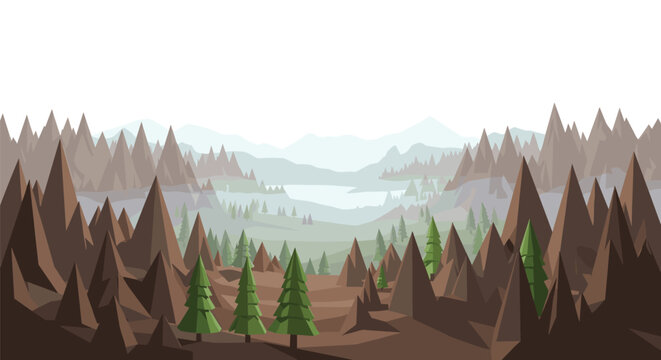 A serene low-poly mountain valley landscape features sharp brown peaks and vibrant green pine trees nestled within a misty and atmospheric environment.